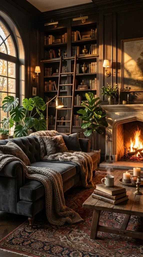 A cozy, moody reading nook featuring floor-to-ceiling wooden bookshelves packed with books, a plush daybed layered with faux fur blankets and pillows, warm hanging pendant lights, and potted plants against dark charcoal walls.