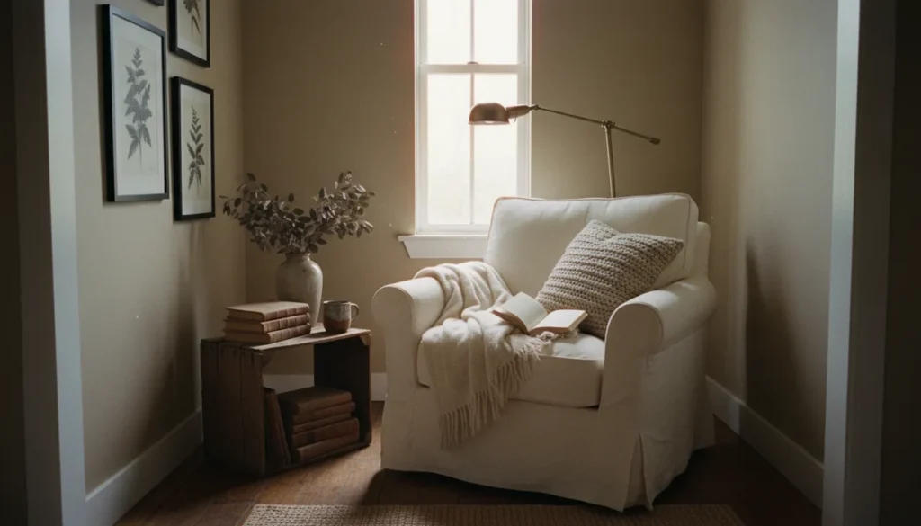 Cozy reading nook in a small space featuring a plush armchair, soft knitted blanket, and warm ambient lighting for a peaceful atmosphere.