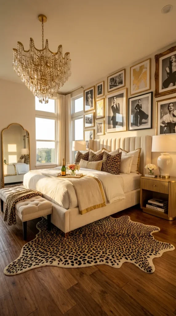 A luxurious Hollywood glam bedroom featuring a white tufted bed with leopard print pillows and a large faux leopard skin rug. The room is lit by warm bedside lamps and a tiered crystal chandelier. A gallery wall of black and white fashion posters hangs above the bed. Gold accents and a cream velvet chair complete the chic, neutral interior design.