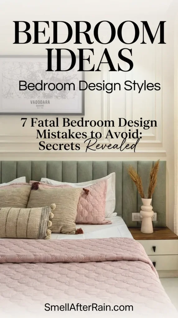 A chic bedroom interior featuring a sage green channel-tufted headboard and soft pink textured bedding. The wall is adorned with classic molding and a framed black and white map of Vadodara. This space illustrates trending Bedroom Ideas and cohesive Bedroom Design Styles, utilizing mixed materials like wood nightstands and bouclé pillows for a cozy, layered look.