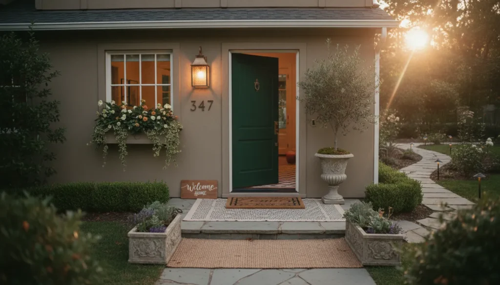 A charming home entrance with a painted door, decorative welcome mat, layered lighting, and lush greenery, creating a warm, inviting atmosphere.