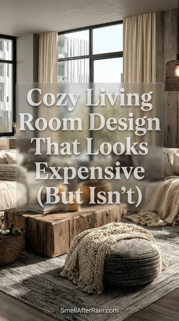 A sunlit, rustic modern living space featuring creamy white sectional sofas piled with textured pillows and a chunky knit blanket. A raw wood block coffee table sits in the center adorned with lit pillar candles and books. Large floor-to-ceiling windows are framed by heavy beige drapes. This setup illustrates a Cozy Living Room Design That Looks Expensive (But Isn't), utilizing texture layering, neutral color palettes, and warm lighting to create a luxurious yet budget-friendly atmosphere.