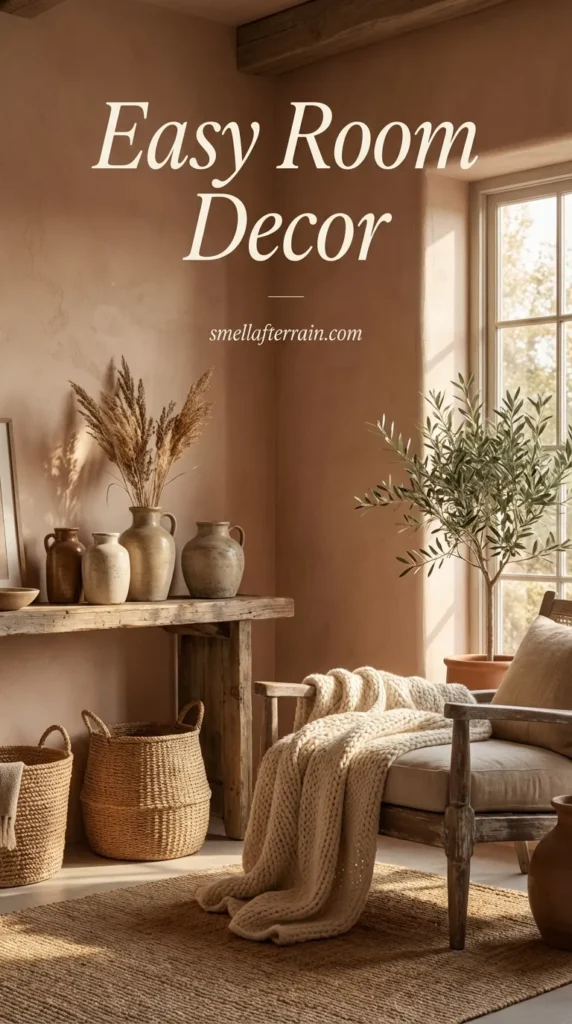 Easy Room Decor: A cozy bedroom featuring warm lighting, soft vintage textures, and efficient organization hacks that create a nostalgic sanctuary.