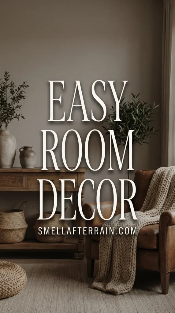 Easy Room Decor: A cozy and nostalgic living space featuring warm lighting, vintage textiles, and organized shelves that create a relaxing atmosphere.