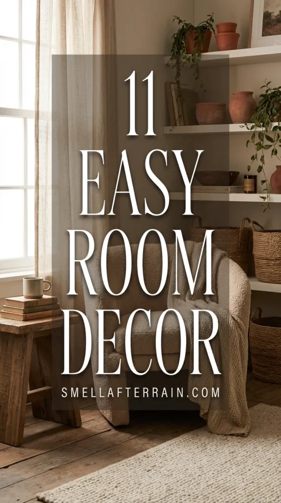 Easy Room Decor: A warm, inviting living space featuring nostalgic textures, vintage accents, soft lighting, and organized shelving creating a cozy low-maintenance sanctuary.