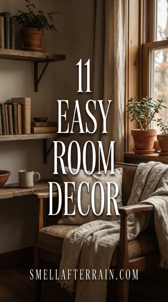 Easy Room Decor: A cozy, sunlit bedroom featuring nostalgic vintage textiles, soft warm lighting, and organized shelving that creates a low-maintenance sanctuary.