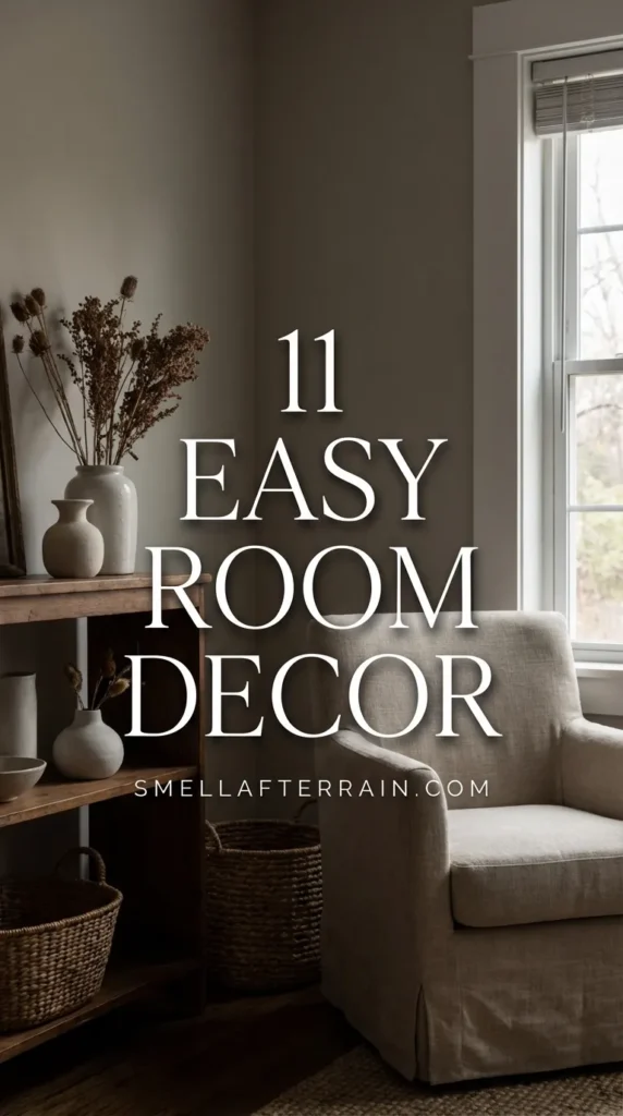 Easy Room Decor: A cozy, low-maintenance living space featuring nostalgic vintage accents, warm textiles, and efficient organization layout.