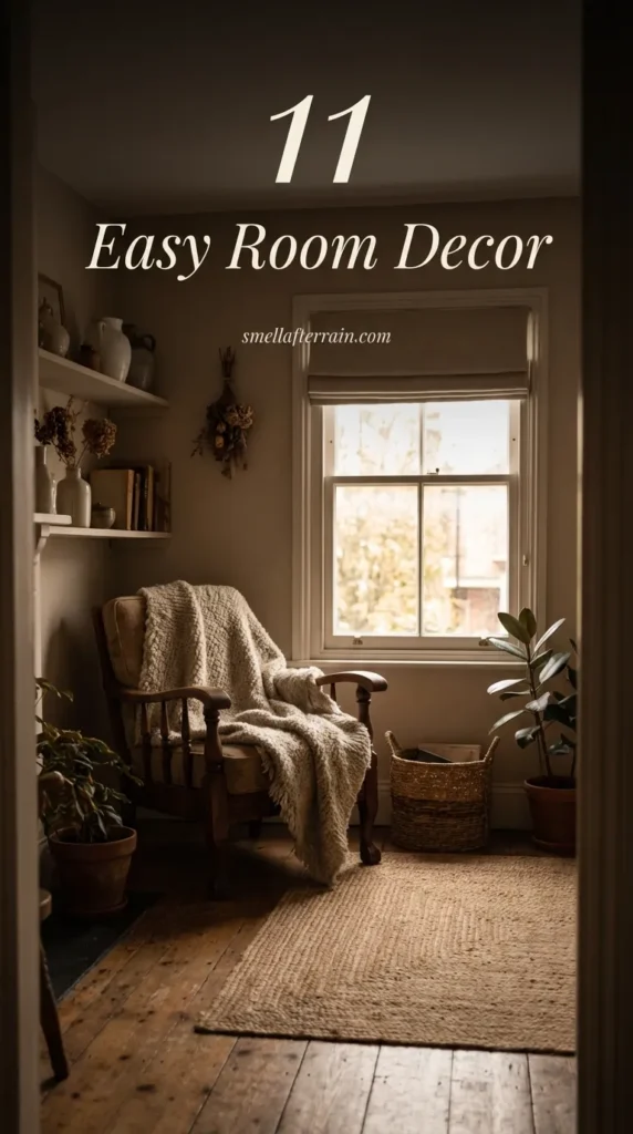 Easy Room Decor: A cozy, sunlit room featuring vintage textiles, warm wood tones, and organized shelving creating a nostalgic and low-maintenance sanctuary.