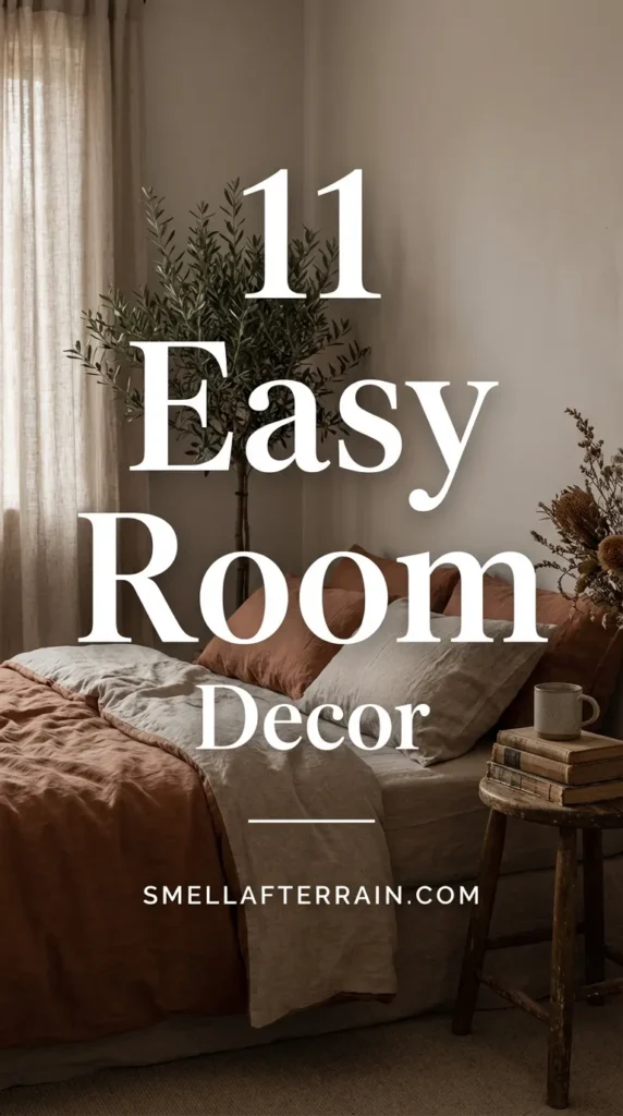 Easy Room Decor: A cozy, sunlit room featuring warm textures, vintage accents, and clutter-free organization that creates a relaxing sanctuary.