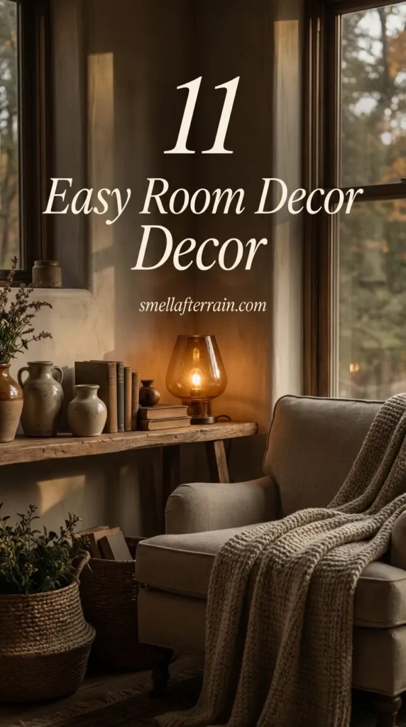 Easy Room Decor: A cozy living space featuring warm earth tones, soft vintage textures, and organized shelves that create a relaxing and efficient home sanctuary.