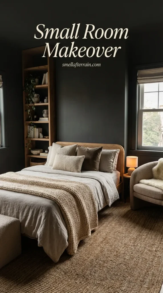 Small Room Makeover: A cozy tiny bedroom featuring dark moody paint, soft textured bedding, and smart vertical shelving units that maximize space.