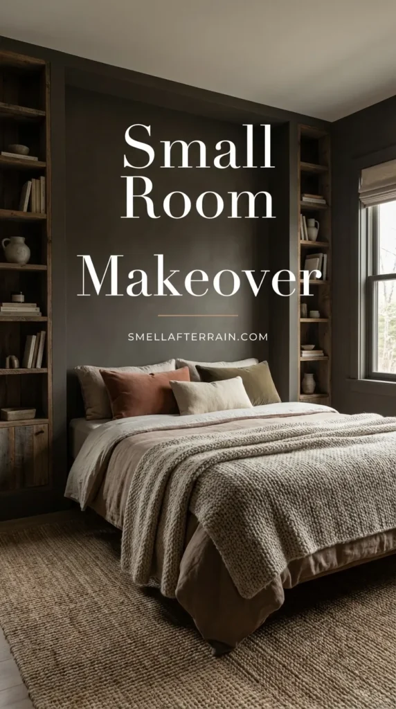 Small Room Makeover: A tiny bedroom featuring dark walls, vertical shelving, and soft textured bedding to create a cozy sanctuary.