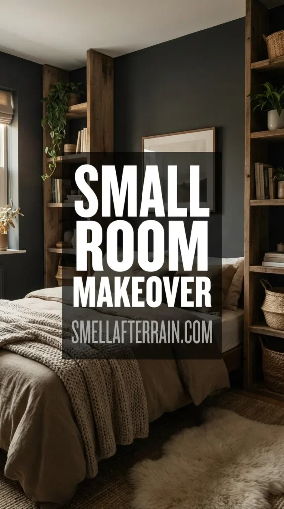 Small Room Makeover: A cozy, tiny bedroom featuring moody dark walls, soft bedding textures, and clever vertical storage solutions that optimize the layout.