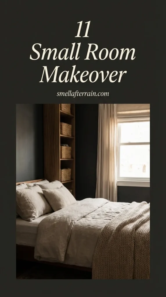 Small Room Makeover: A cozy tiny bedroom featuring moody dark walls, floor-to-ceiling vertical shelving, and soft textured bedding in a calming sanctuary layout.