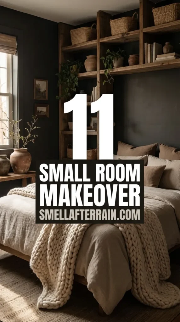 Small Room Makeover: A cozy tiny bedroom featuring moody dark paint, floor-to-ceiling vertical storage, and soft textured bedding.