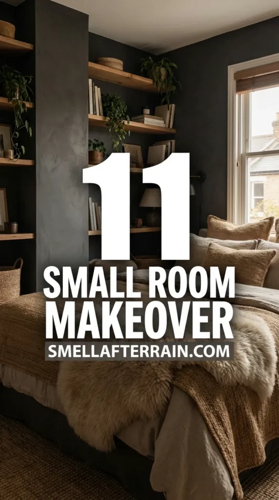 Small Room Makeover: A cozy tiny bedroom featuring moody dark paint, floor-to-ceiling vertical storage shelves, and soft plush bedding textures creating a calm sanctuary vibe.