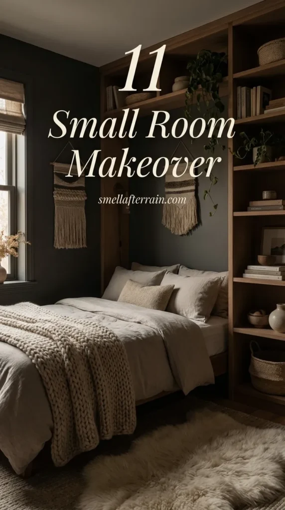 Small Room Makeover: A cozy tiny bedroom featuring moody dark walls, floor-to-ceiling vertical storage, and soft layered bedding textures.
