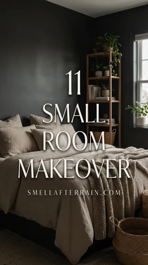 Small Room Makeover: A cozy tiny bedroom featuring dark moody wall paint, soft beige bedding textures, and smart vertical storage solutions.