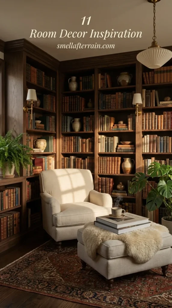 Room Decor Inspiration: A cozy dark academia library featuring floor-to-ceiling wooden bookshelves, warm hanging globe lights, comfortable bean bag seating on a vintage rug, and trailing indoor plants.