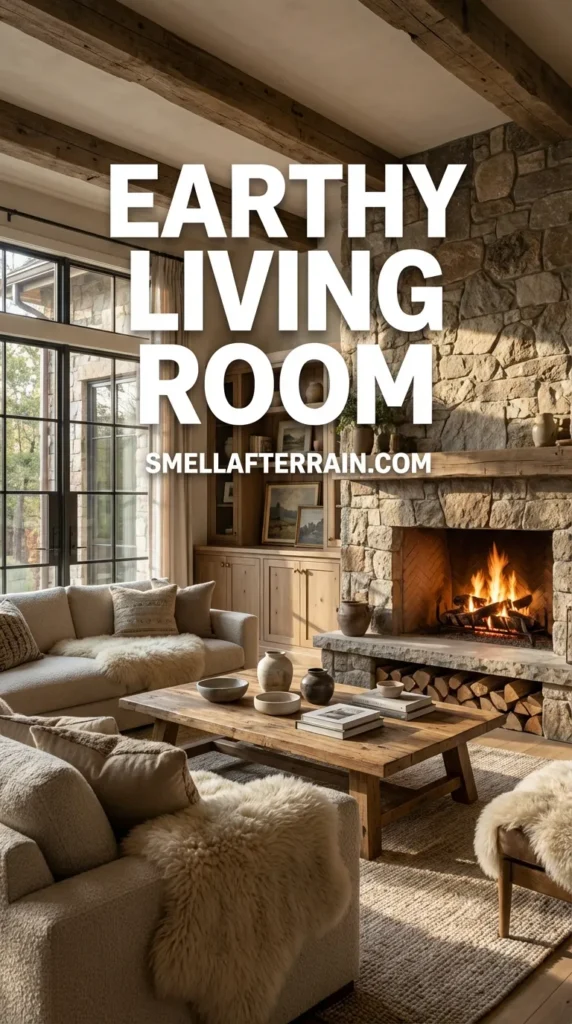 Earthy Living Room: A warm, cozy space featuring a modern fireplace, beige sofas with chunky knit throws, a wooden coffee table, and a textured jute rug illuminated by candles and pendant lights.