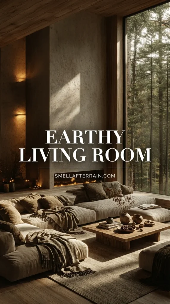 Earthy Living Room: A serene organic modern space featuring low profile beige sofas, a textured concrete fireplace, and floor-to-ceiling windows overlooking a forest. Warm wood ceilings and soft lighting create a cozy atmosphere.