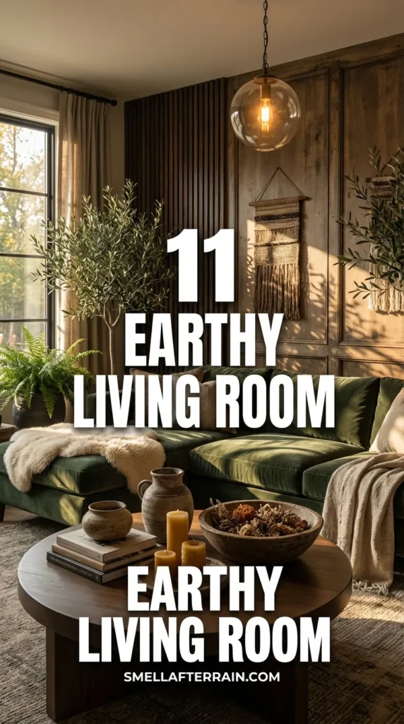 Earthy Living Room: A moody interior featuring a moss green velvet sectional sofa, dark textured walls with wood slat accents, and warm globe pendant lighting. The space includes a round wooden coffee table, abstract art in brown tones, and a vintage rug.