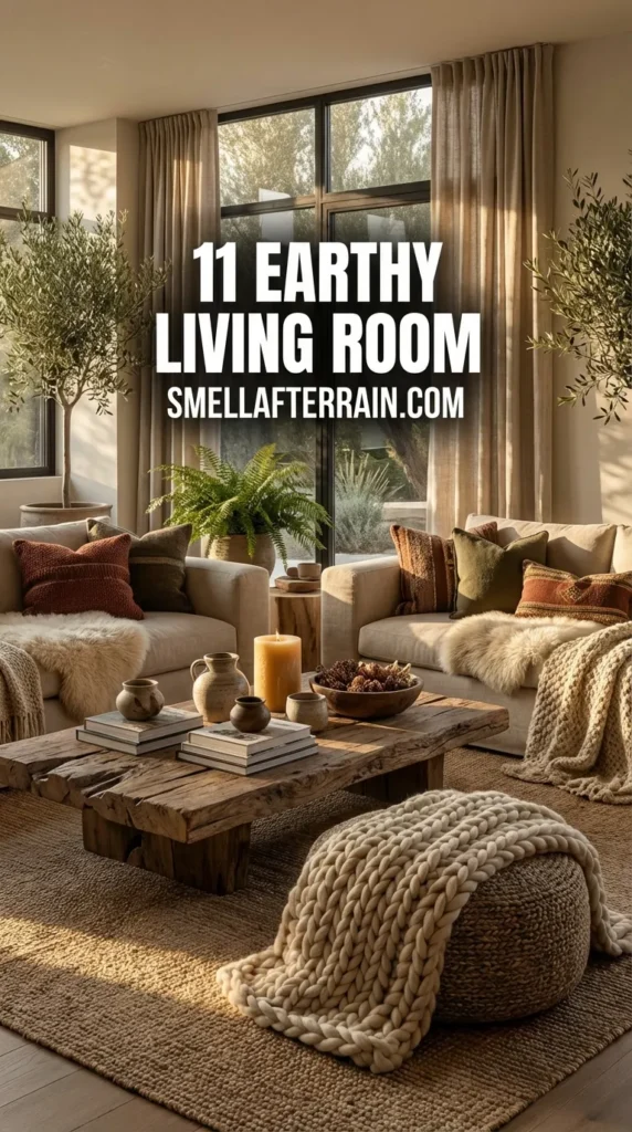 Earthy Living Room: A cozy, organic space featuring a rough-hewn wooden coffee table, cream slipcovered sofas layered with chunky knit blankets, and soft beige curtains. Warm candlelight and woven textures create a serene, nature-inspired atmosphere.