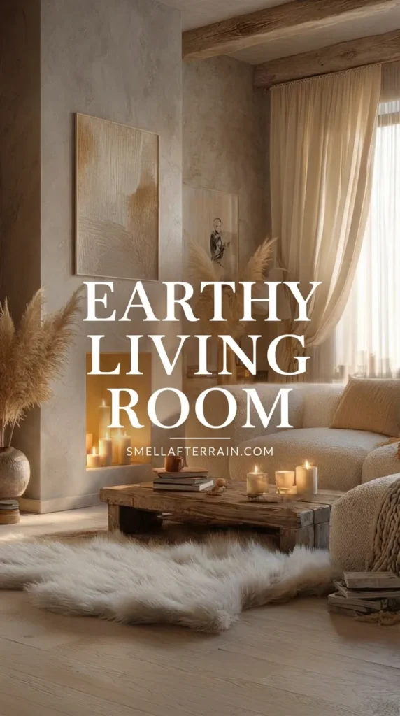 Earthy Living Room: A cozy neutral space featuring a beige boucle sofa, rustic wooden coffee table with candles, fluffy white rug, and large pampas grass arrangement near a fireplace.