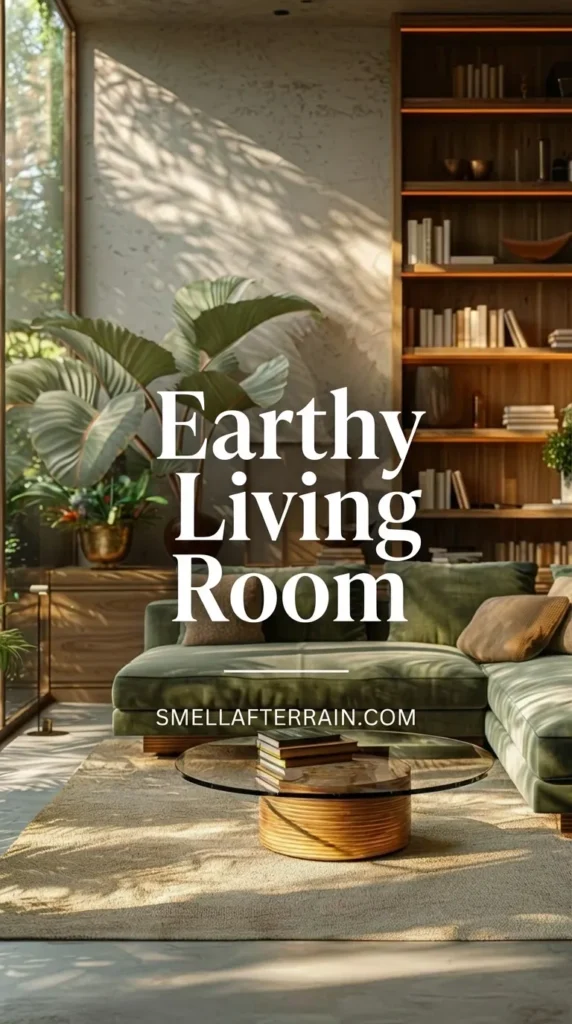 Earthy Living Room: Sun-drenched interior featuring a plush green velvet sectional sofa, floor-to-ceiling wooden bookshelves with warm lighting, a glass coffee table, and large tropical plants near a window view.