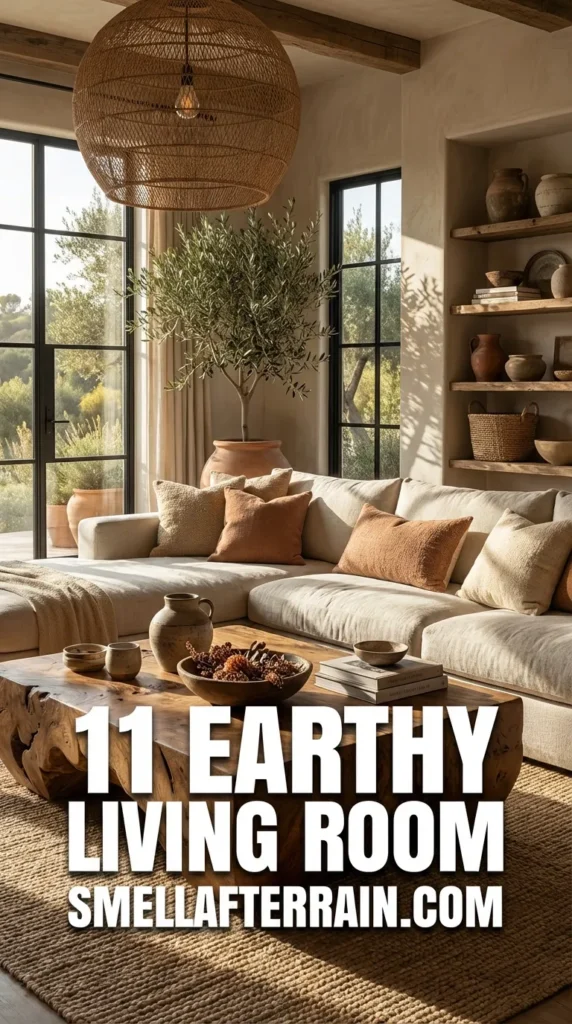 Earthy Living Room: A cozy interior featuring a massive raw wood slab coffee table, a cream textured sectional sofa, and a large woven pendant light hanging from exposed wooden beams over a natural jute rug.