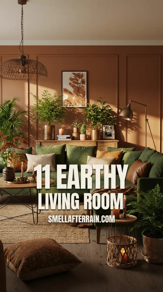 Earthy Living Room: A cozy interior featuring deep terracotta walls, a dark green velvet sectional sofa, and rustic wooden accents. The space is styled with lush green plants, warm candlelight, patterned throw pillows, and a textured area rug.
