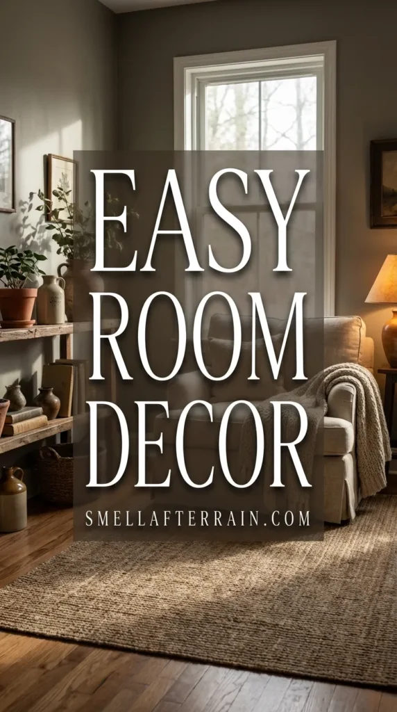 Easy Room Decor: A cozy, low-maintenance bedroom featuring warm textiles, vintage nostalgic accents, and soft lighting.