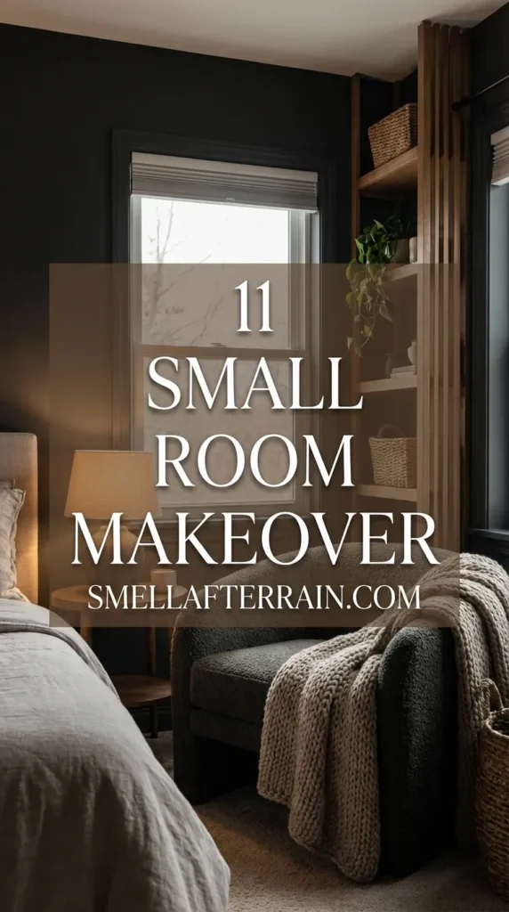 Small Room Makeover: A cozy tiny bedroom featuring moody dark paint, floor-to-ceiling vertical storage shelves, and soft plush bedding textures creating a calm sanctuary vibe.