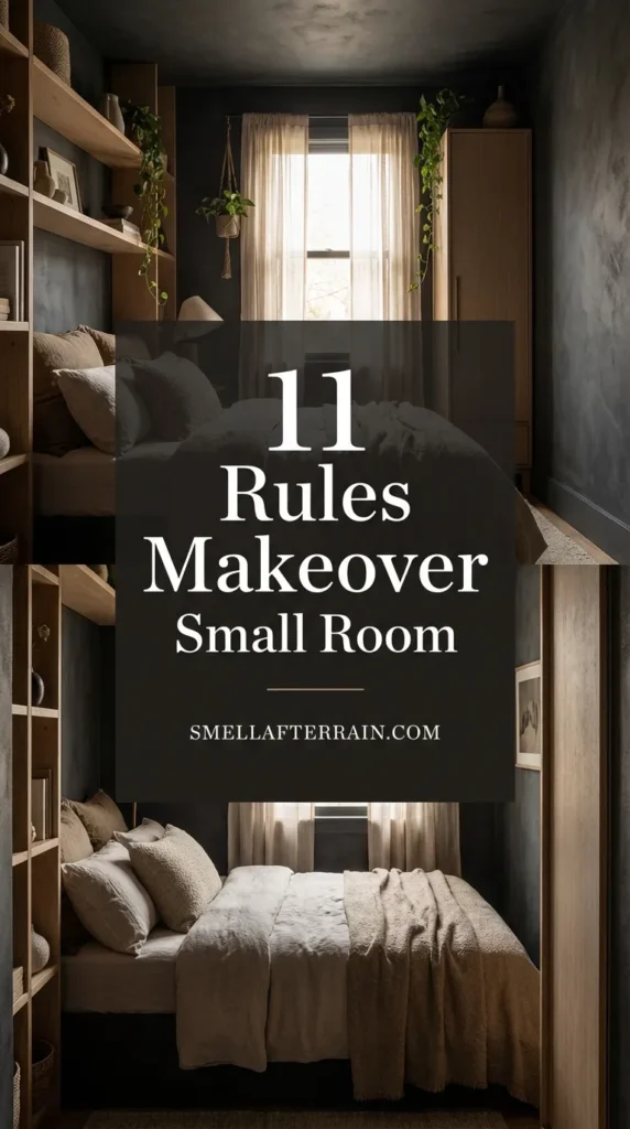 Small Room Makeover: A cozy tiny bedroom featuring dark moody walls, soft bedding textures, and smart vertical storage solutions creating a calm sanctuary vibe.