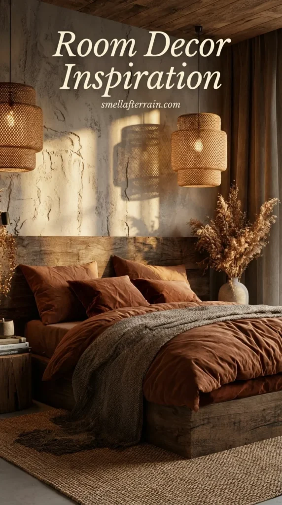 Room Decor Inspiration: A cozy rustic bedroom featuring textured plaster walls, hanging woven rattan pendant lights, a raw wood headboard, and layered earth-toned bedding with dried pampas grass decor.