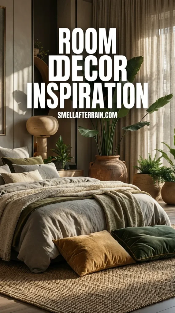 Room Decor Inspiration: A cozy, high-end bedroom featuring textured bedding in neutral earth tones, large potted tropical plants, velvet floor cushions, and warm mood lighting creating a sanctuary vibe.