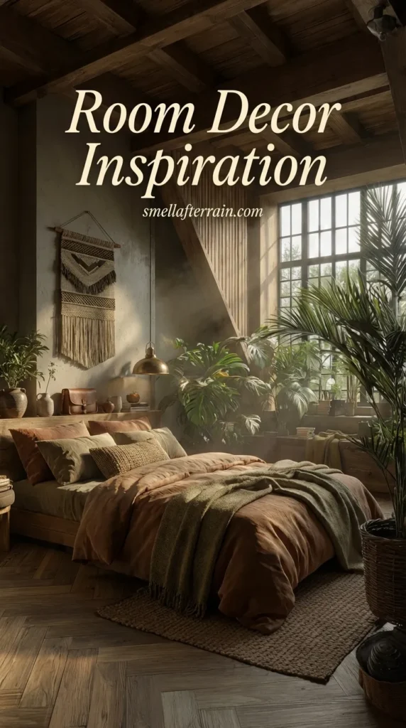 Room Decor Inspiration: A moody, rustic-luxe bedroom featuring exposed wooden ceiling beams, herringbone floors, large monstera and palm plants, and soft sunlight streaming through floor-to-ceiling grid windows onto earthy brown bedding.