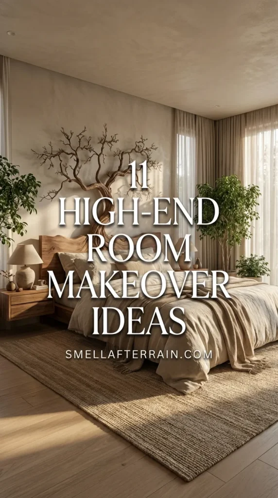 Room Decor Inspiration: A luxurious nature-inspired bedroom featuring a massive sculptural tree root headboard, neutral beige plaster walls, minimalist pendant lighting, and floor-to-ceiling windows overlooking a green garden.