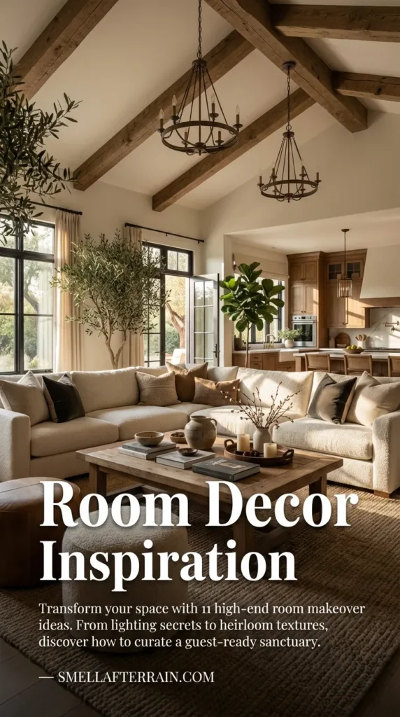 Room Decor Inspiration: A spacious living room featuring high vaulted ceilings with rustic wood beams, a large cream sectional sofa, and round leather poufs. Large black-framed windows let in natural light, illuminating neutral textures and wire pendant lighting.