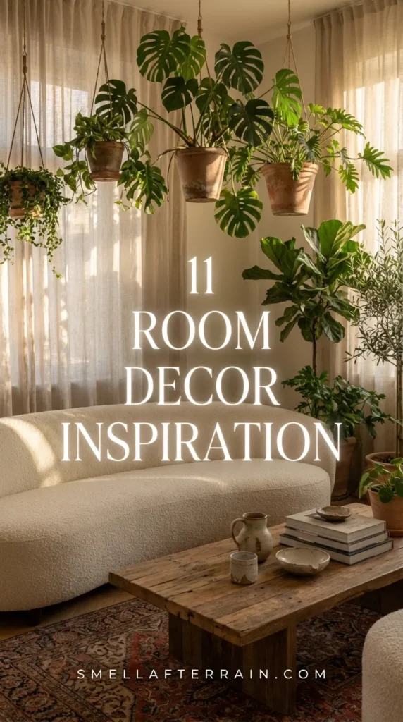 Room Decor Inspiration: A warm, cozy living room filled with hanging macrame plants, string lights, a beige sectional sofa, and glowing candles on a wooden coffee table.