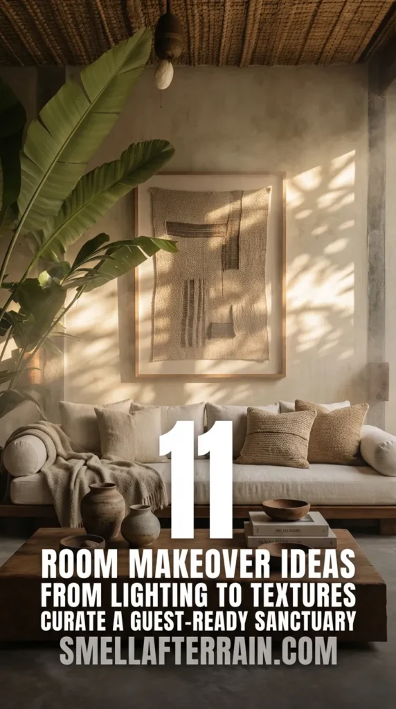 Room Decor Inspiration: An organic modern living room featuring a low profile white linen sofa, rustic wooden coffee table, and a large potted banana leaf plant against textured walls and floor-to-ceiling windows.