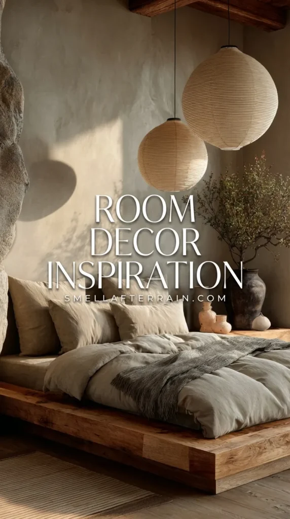 Room Decor Inspiration: A serene wabi-sabi bedroom featuring a low wooden platform bed, textured beige linen bedding, and oversized paper lantern pendant lights. A rough natural stone column contrasts with smooth plaster walls, while a dark rustic vase with dried botanicals adds an organic touch. Soft, moody lighting creates a cozy sanctuary vibe.
