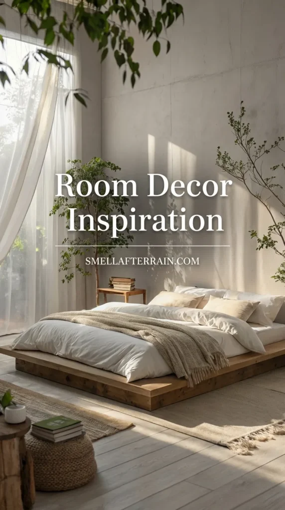 Room Decor Inspiration: A serene, minimalist bedroom featuring a low wooden platform bed with white linens and a beige knit throw. Sunlight streams through sheer white curtains, casting soft shadows on the concrete wall, while tall indoor trees add a natural touch to the high-end aesthetic.