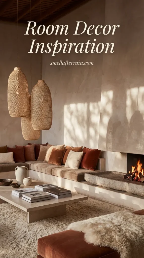 Room Decor Inspiration: A cozy, organic modern living room featuring built-in concrete seating with rust and brown velvet cushions. Woven basket pendant lights hang from a wooden ceiling over a textured rug and floor pillows. A warm fireplace adds to the earthy, wabi-sabi atmosphere with limewashed walls.