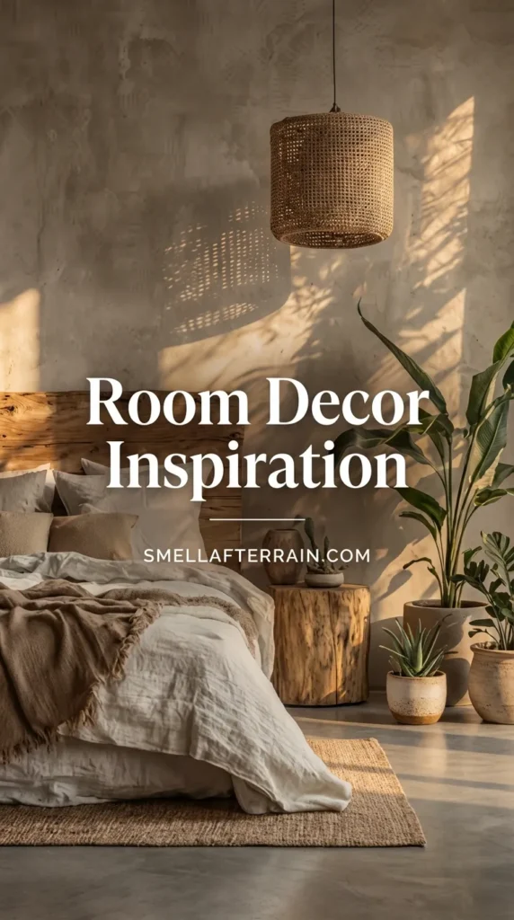Room Decor Inspiration: A serene bedroom featuring a rustic wooden headboard, textured beige walls, a woven pendant light, and a large indoor plant in a basket.