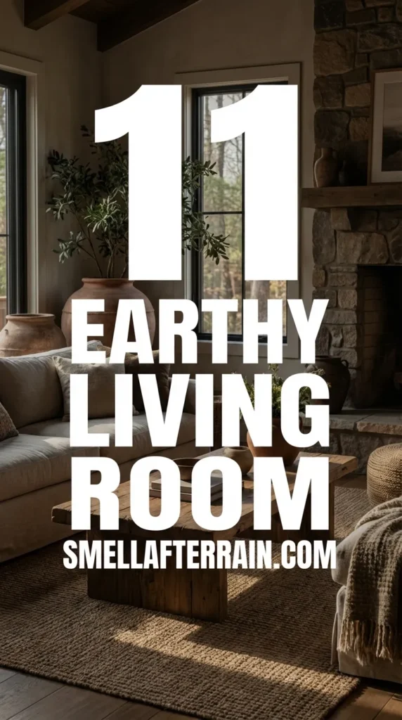 Earthy Living Room: A warm, organic living space featuring textured cream sofas, rustic wood coffee tables, woven jute rugs, and terracotta accents that create a cozy, nature-inspired atmosphere.