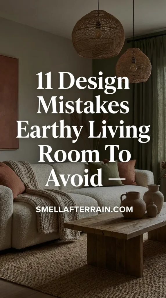 Earthy Living Room: A warm, textured living space featuring beige linen sofas, rustic wood coffee tables, and terracotta accents that correct common interior design mistakes.