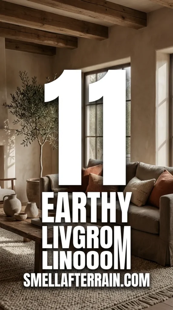 Earthy Living Room: A warm and cozy interior featuring textured beige sofas, a reclaimed wood coffee table, dried pampas grass, and layered jute rugs creating a serene organic modern atmosphere.