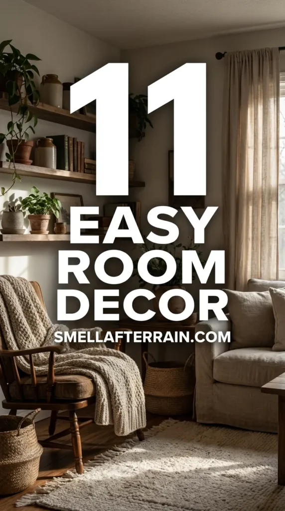 Easy Room Decor: A cozy, low-maintenance bedroom corner featuring soft textures, warm lighting, and nostalgic vintage accents that create a sanctuary vibe.