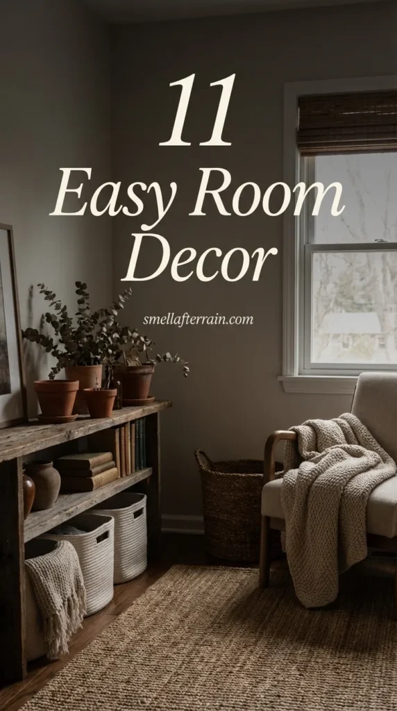 Easy Room Decor: A cozy living space featuring vintage textiles, warm amber lighting, and functional furniture creating a nostalgic and low-maintenance sanctuary.